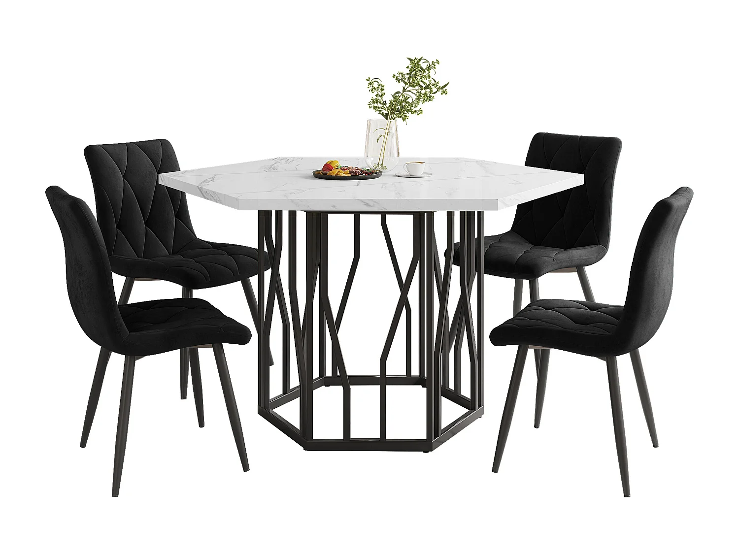 Ensemble table à manger et chaises 5 pièces, table hexagonale marbre moderne + 4 chaises velours noir, MDF + acier, noir (115.5x100x75 cm)