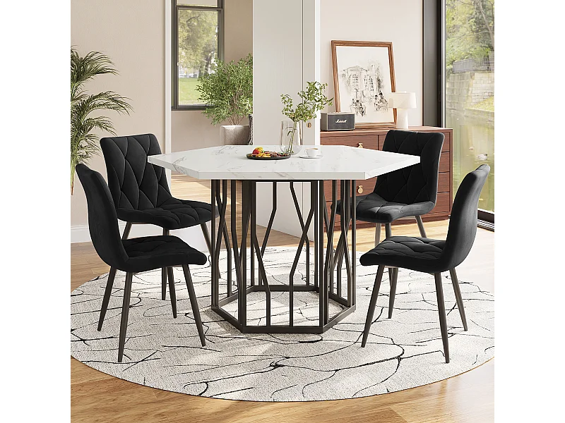 Ensemble table à manger et chaises 5 pièces, table hexagonale marbre moderne + 4 chaises velours noir, MDF + acier, noir (115.5x100x75 cm)