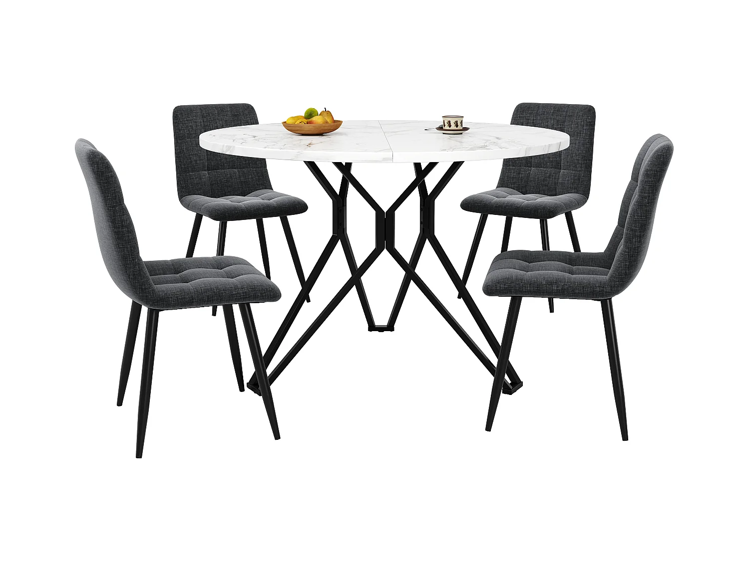 Ensemble de table à manger rond moderne, 4 chaises en velours gris, plateau en MDF marbré, pieds métal noir (100x100x76 cm)