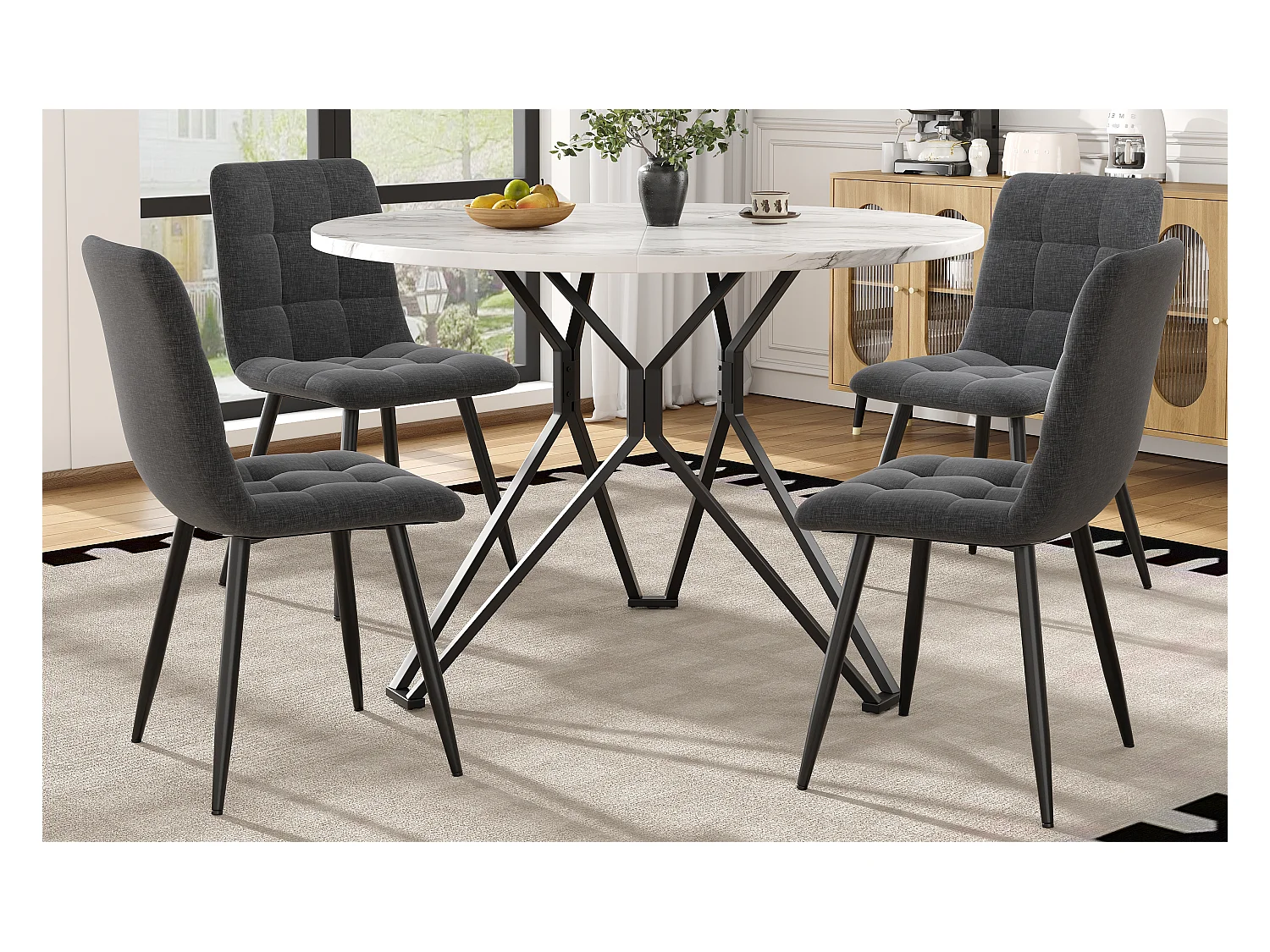 Juego de mesa de comedor redonda moderna, 4 sillas de terciopelo gris, tablero de MDF jaspeado, patas de metal negro (100 x 100 x 76 cm)
