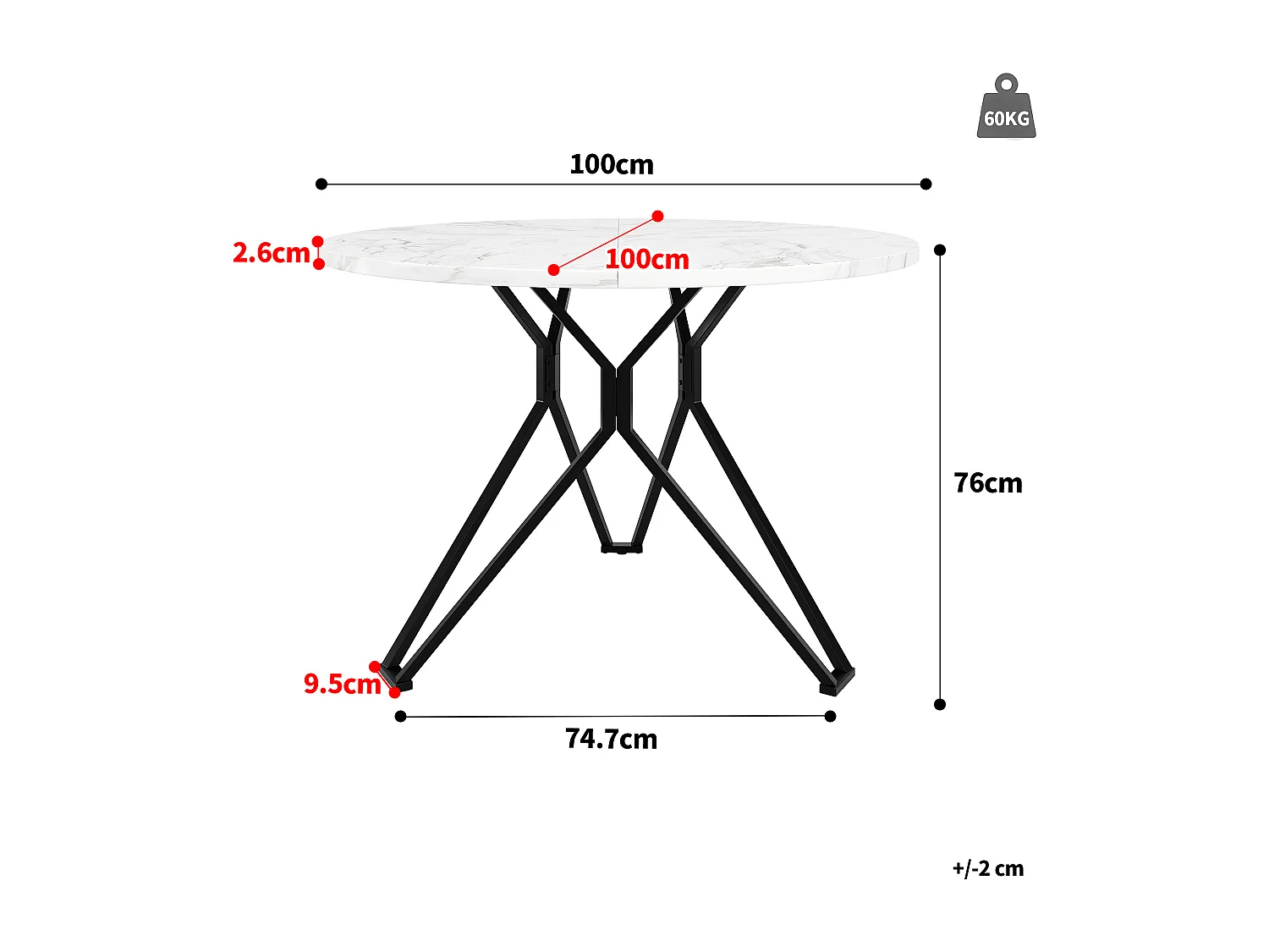 Moderne ronde eettafelset, 4 grijze fluwelen stoelen, gemarmerd MDF-blad, zwarte metalen poten (100x100x76 cm)