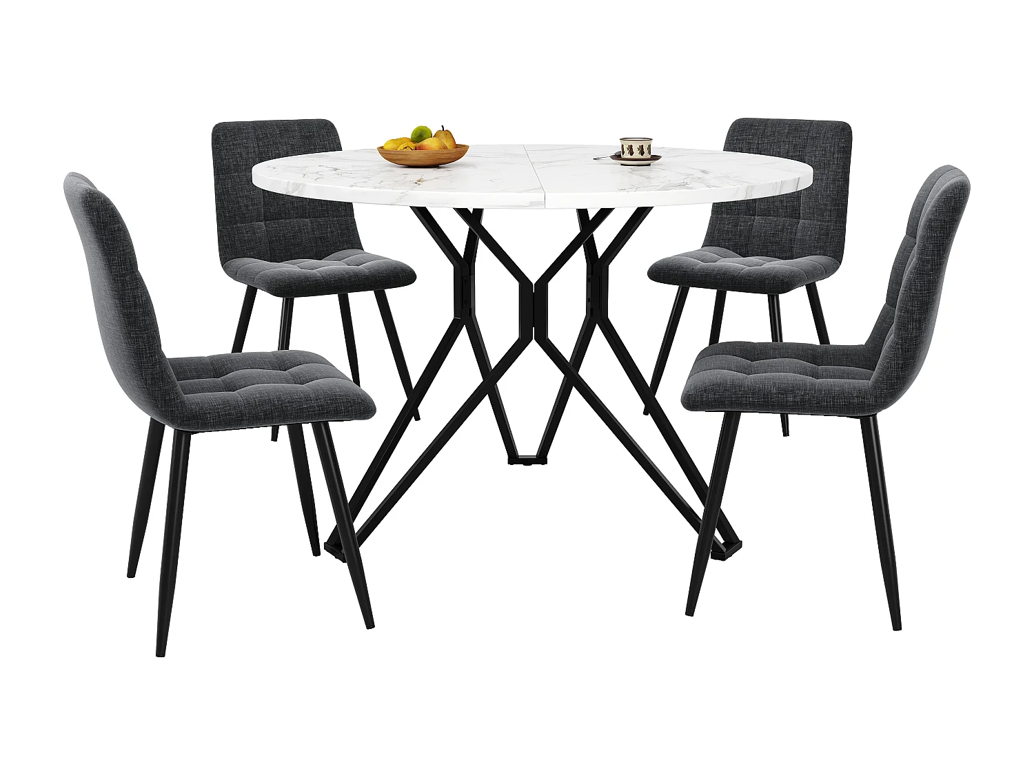 Moderne ronde eettafelset, 4 grijze fluwelen stoelen, gemarmerd MDF-blad, zwarte metalen poten (100x100x76 cm)