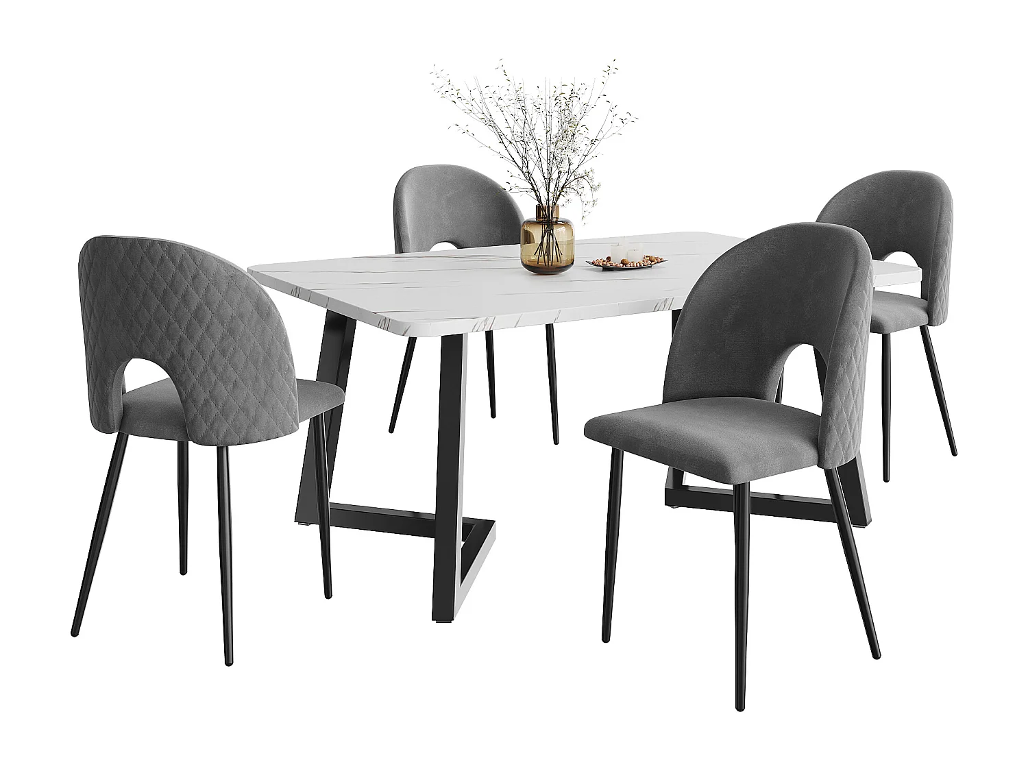 Essgruppe (5 pezzi), tavolo rettangolare 117x68 cm con 4 sedie in velluto grigio, gambe in metallo nero, design a diamante