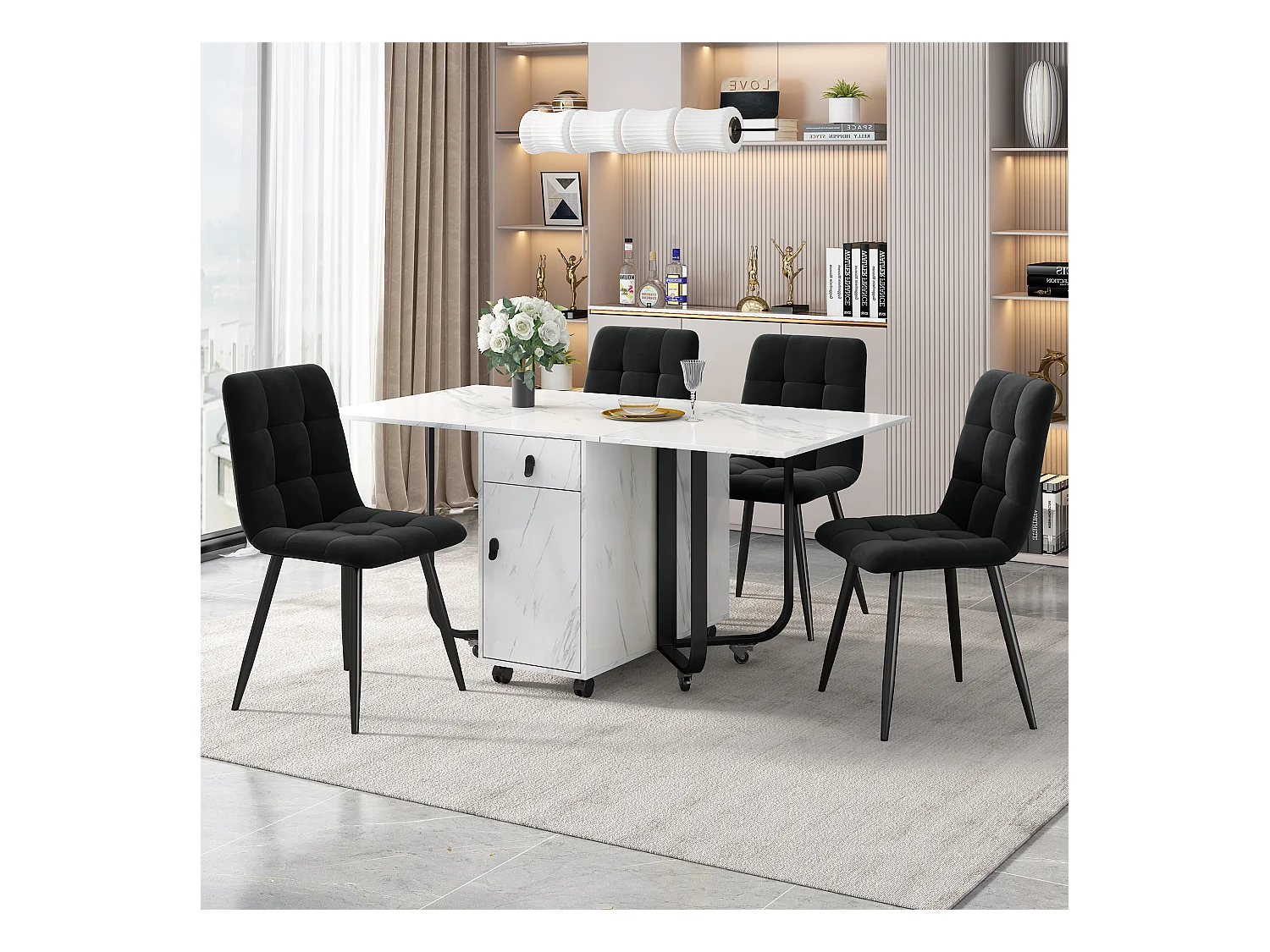 Set da pranzo (5 pezzi), tavolo rotondo 150x80x76 cm con 4 sedie in velluto beige, MDF bianco, gambe in metallo nero (150x80x76 cm)