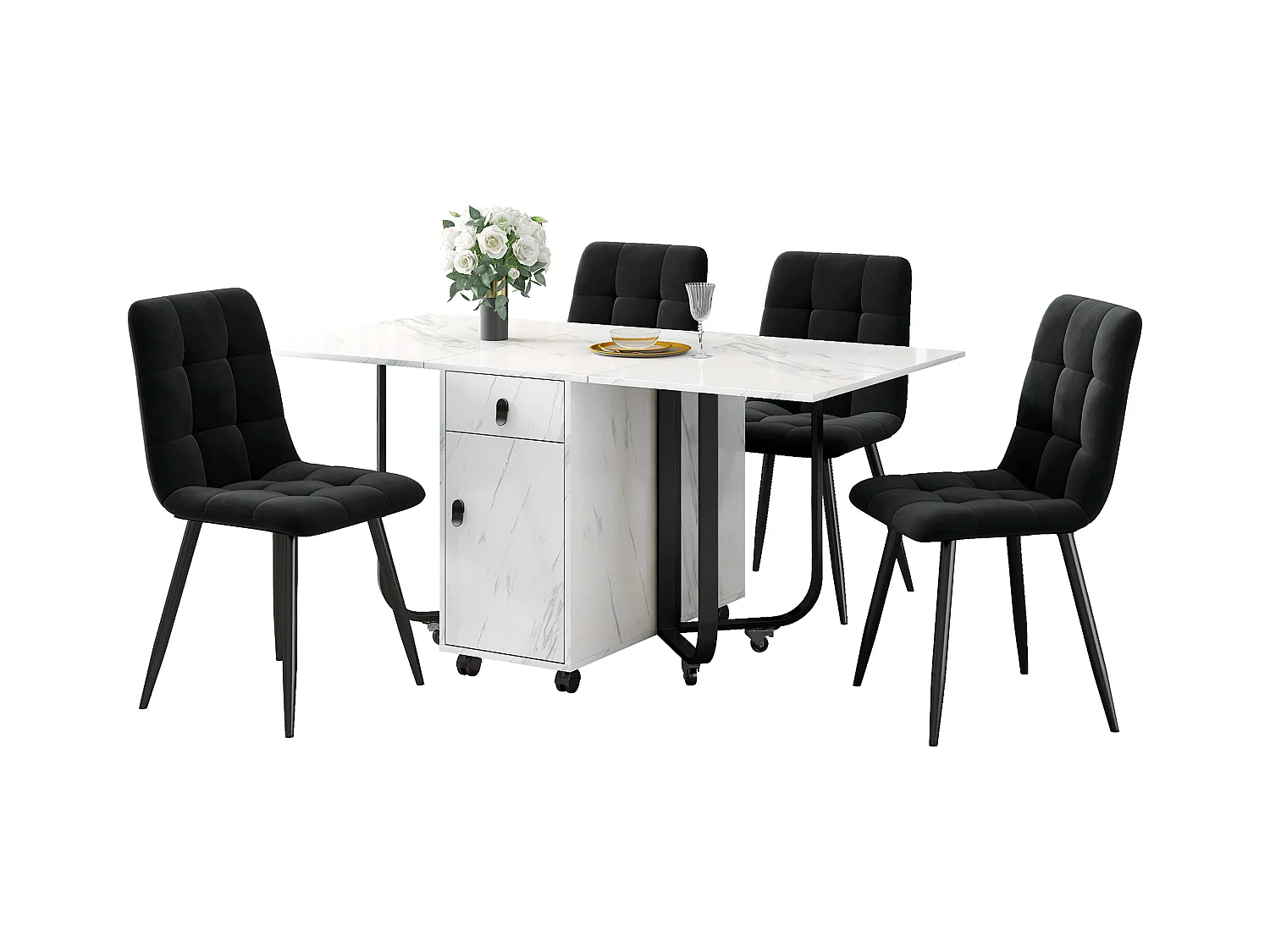 Eettafelset (5 stuks), ronde tafel 150x80x76 cm met 4 stoelen in beige fluweel, wit MDF, zwarte metalen poten (150x80x76 cm)