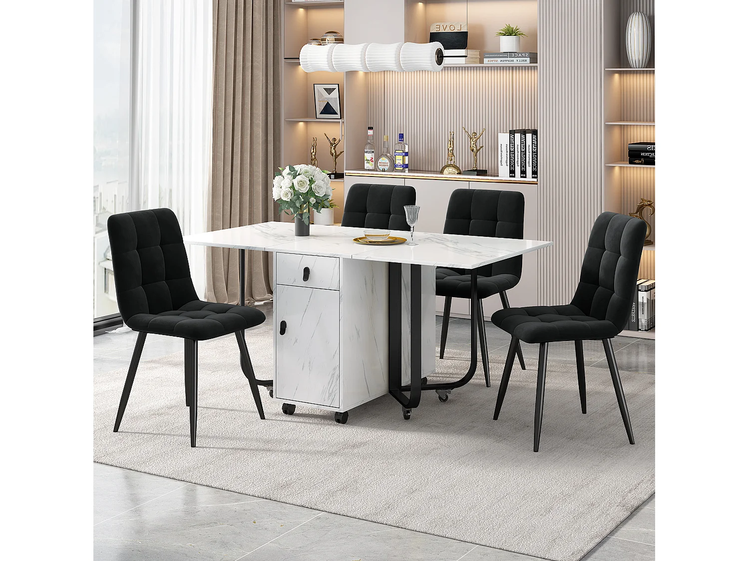 Eettafelset (5 stuks), ronde tafel 150x80x76 cm met 4 stoelen in beige fluweel, wit MDF, zwarte metalen poten (150x80x76 cm)