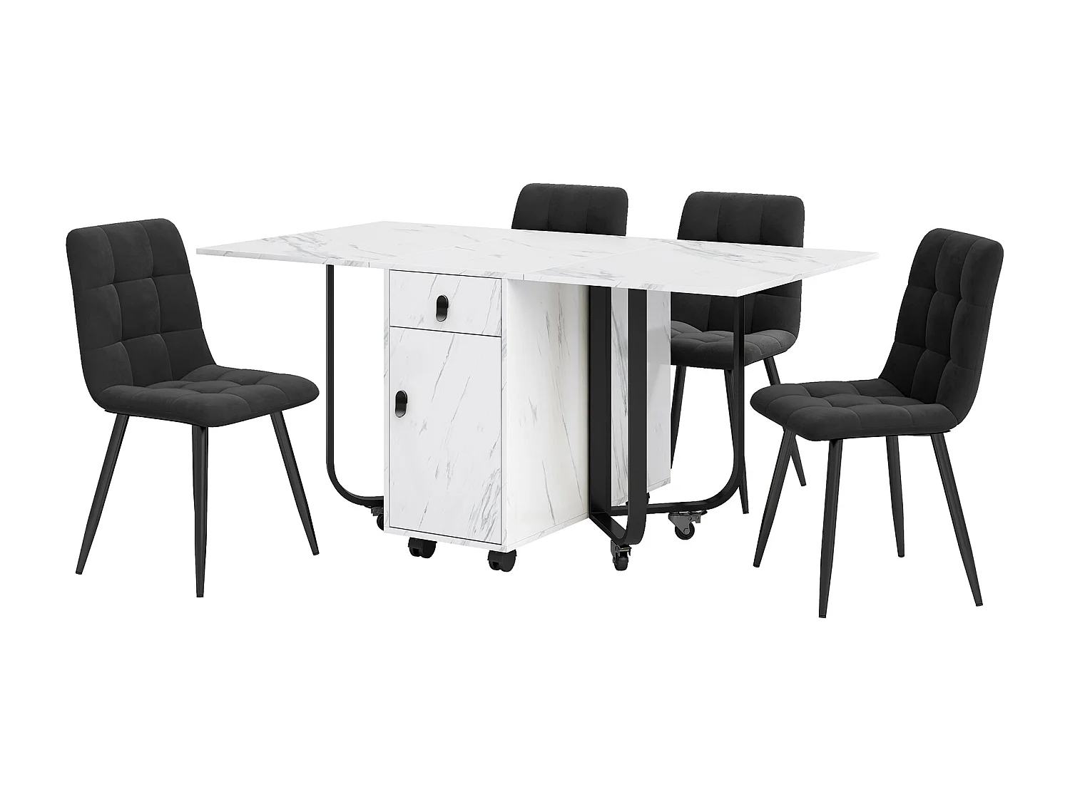 Eettafelset (5 stuks), ronde tafel 150x80x76 cm met 4 stoelen in beige fluweel, wit MDF, zwarte metalen poten (150x80x76 cm)