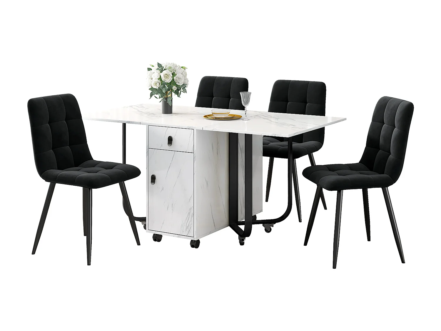 Eettafelset (5 stuks), ronde tafel 150x80x76 cm met 4 stoelen in beige fluweel, wit MDF, zwarte metalen poten (150x80x76 cm)