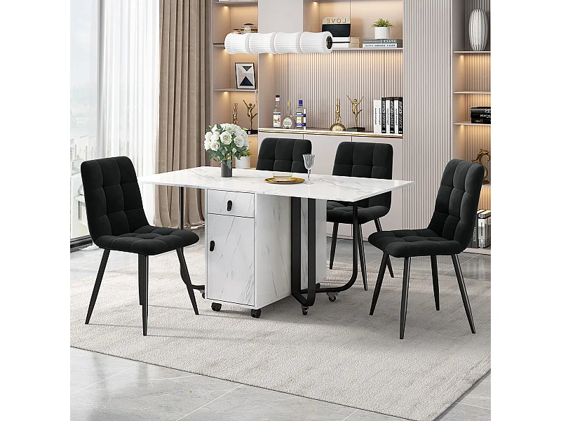 Eettafelset (5 stuks), ronde tafel 150x80x76 cm met 4 stoelen in beige fluweel, wit MDF, zwarte metalen poten (150x80x76 cm)