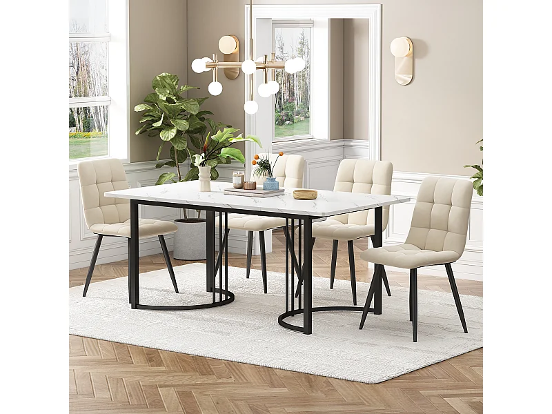 Ensemble salle à manger 5 pièces, table 4 chaises, velours beige motif diamant, pieds métal noirs, MDF blanc et pieds dorés (140x80x75 cm)