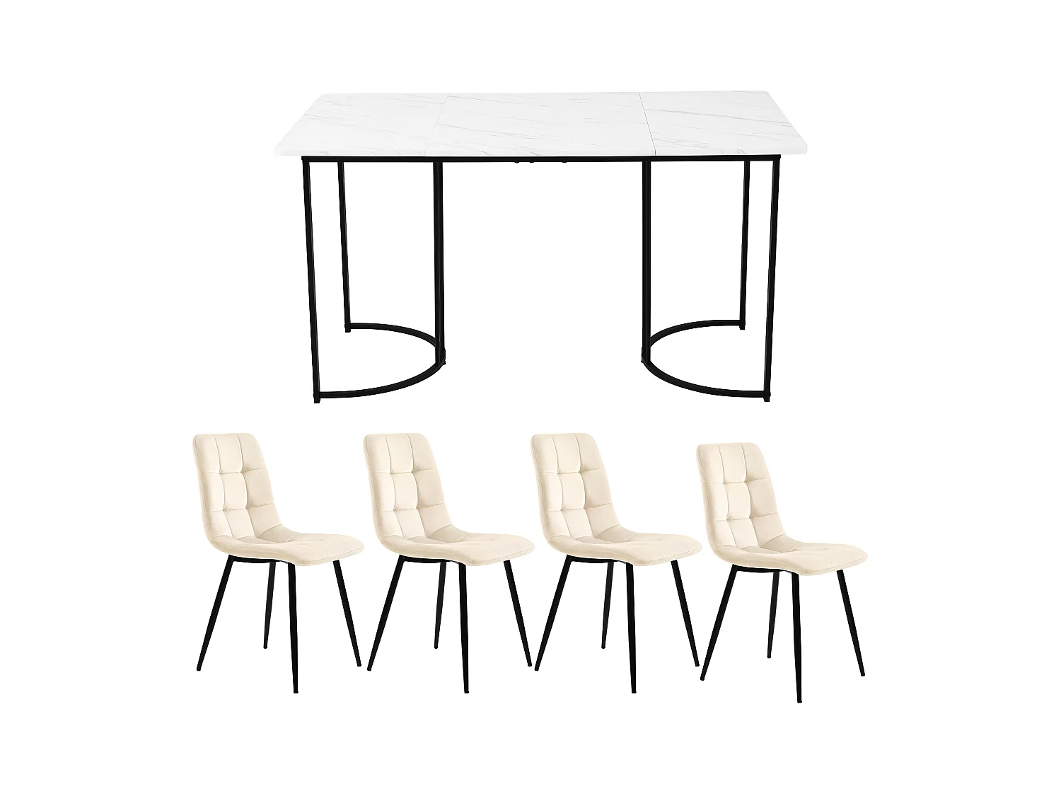 Eetkamerset van 5 stuks, tafel en 4 stoelen, beige fluweel met ruitpatroon, zwarte metalen poten, wit MDF en gouden poten (140x80x75 cm)