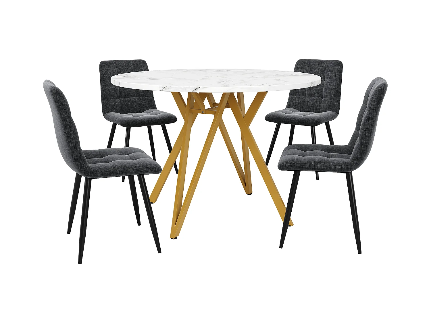 Ensemble de salle à manger rond luxe, 4 chaises velours gris, plateau MDF marbré, pieds métal doré (100x100x76cm)