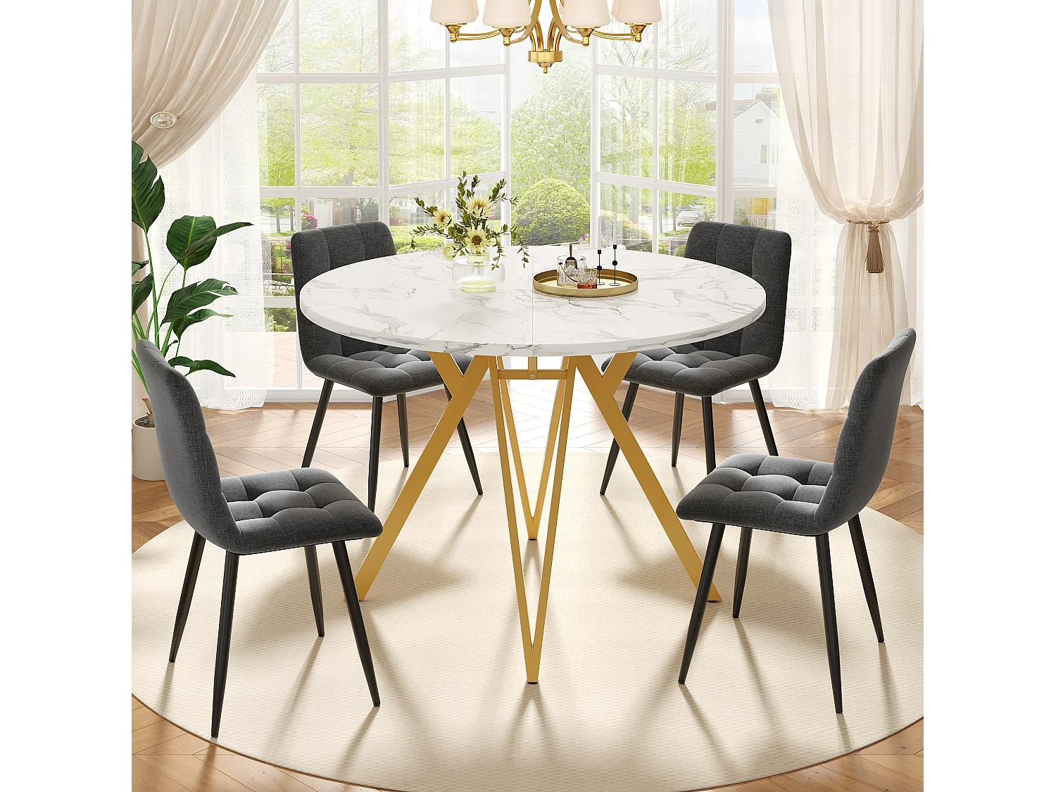 Ensemble de salle à manger rond luxe, 4 chaises velours gris, plateau MDF marbré, pieds métal doré (100x100x76cm)