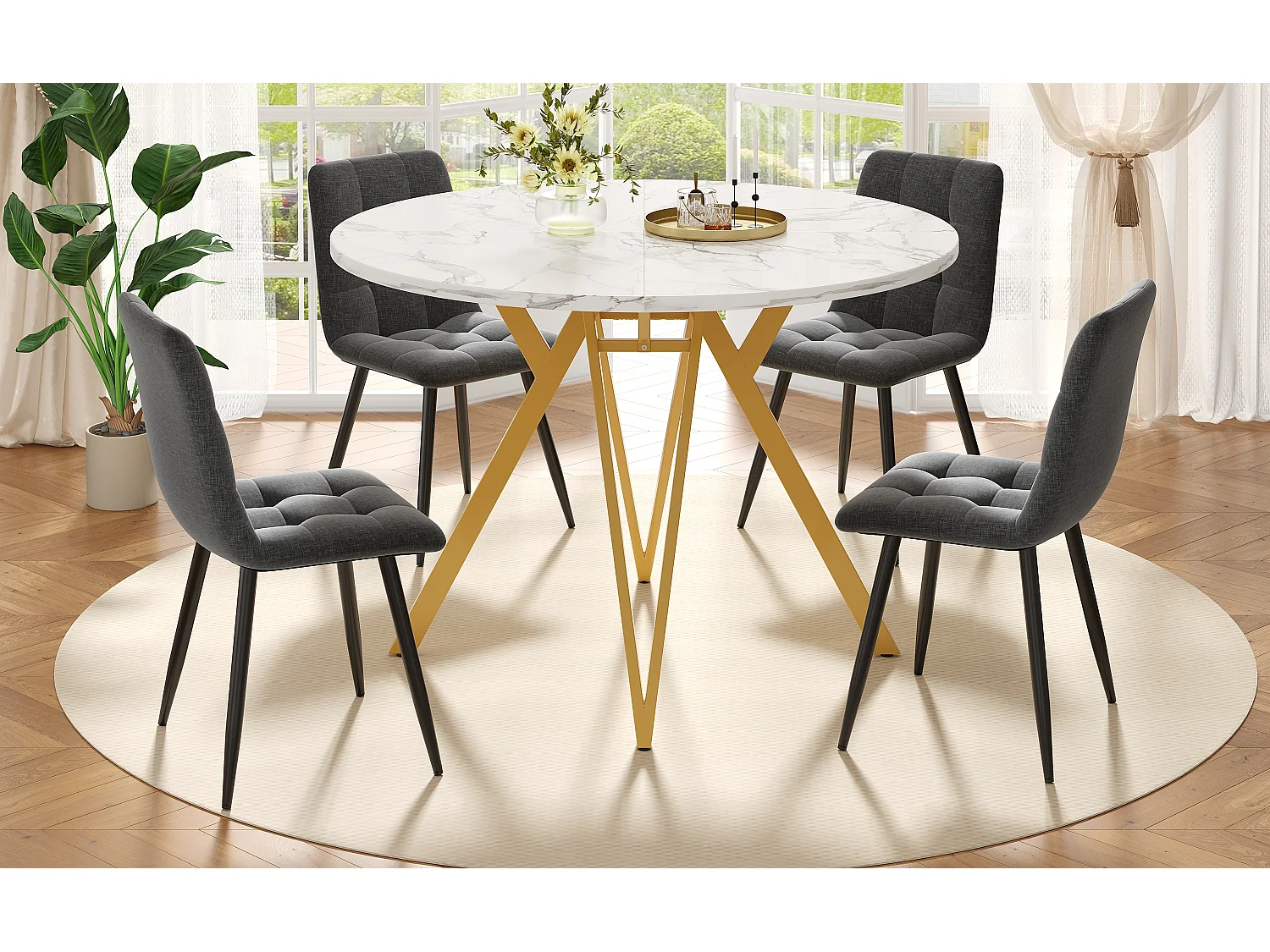 Ensemble de salle à manger rond luxe, 4 chaises velours gris, plateau MDF marbré, pieds métal doré (100x100x76cm)