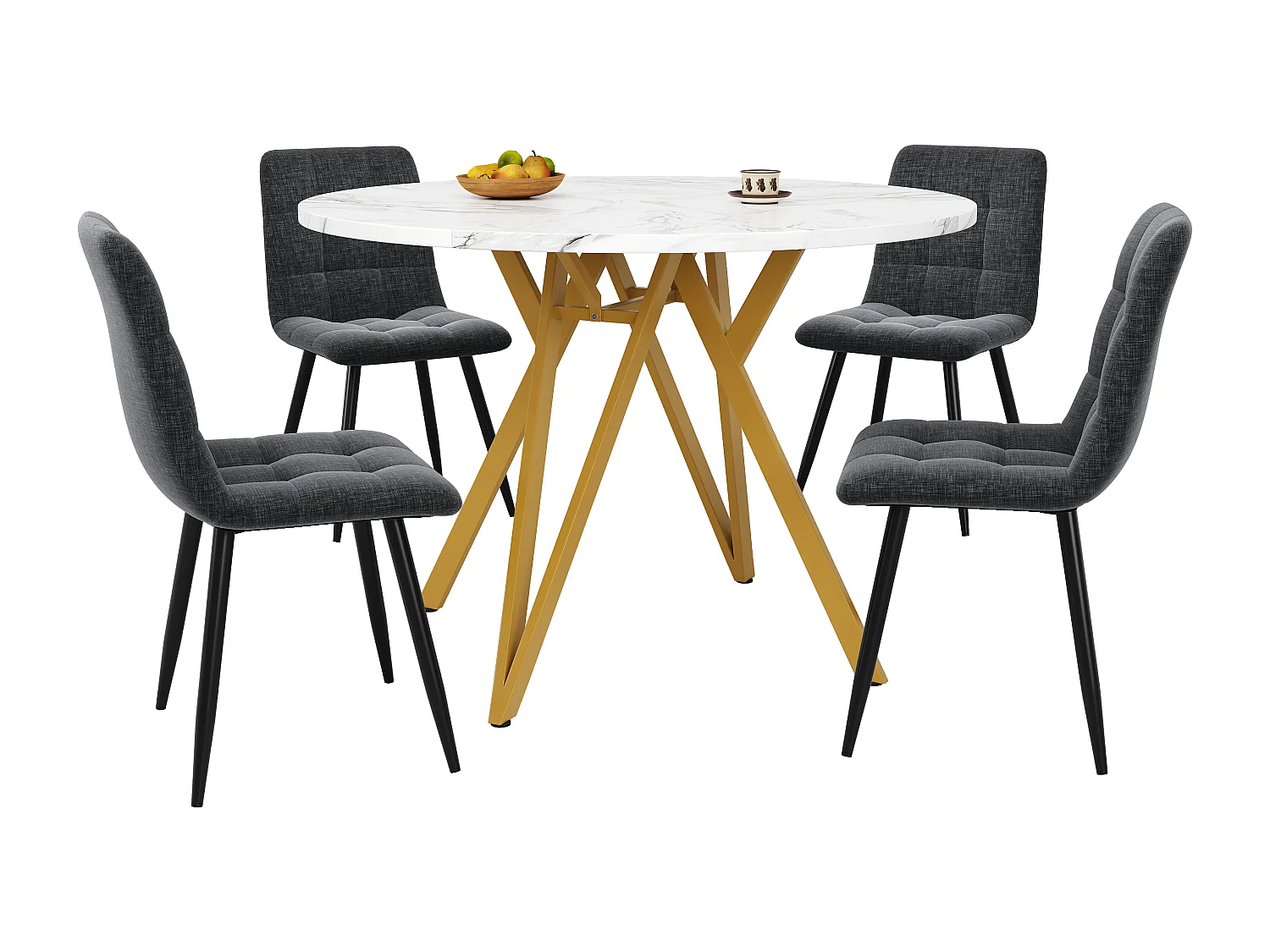 Ensemble de salle à manger rond luxe, 4 chaises velours gris, plateau MDF marbré, pieds métal doré (100x100x76cm)