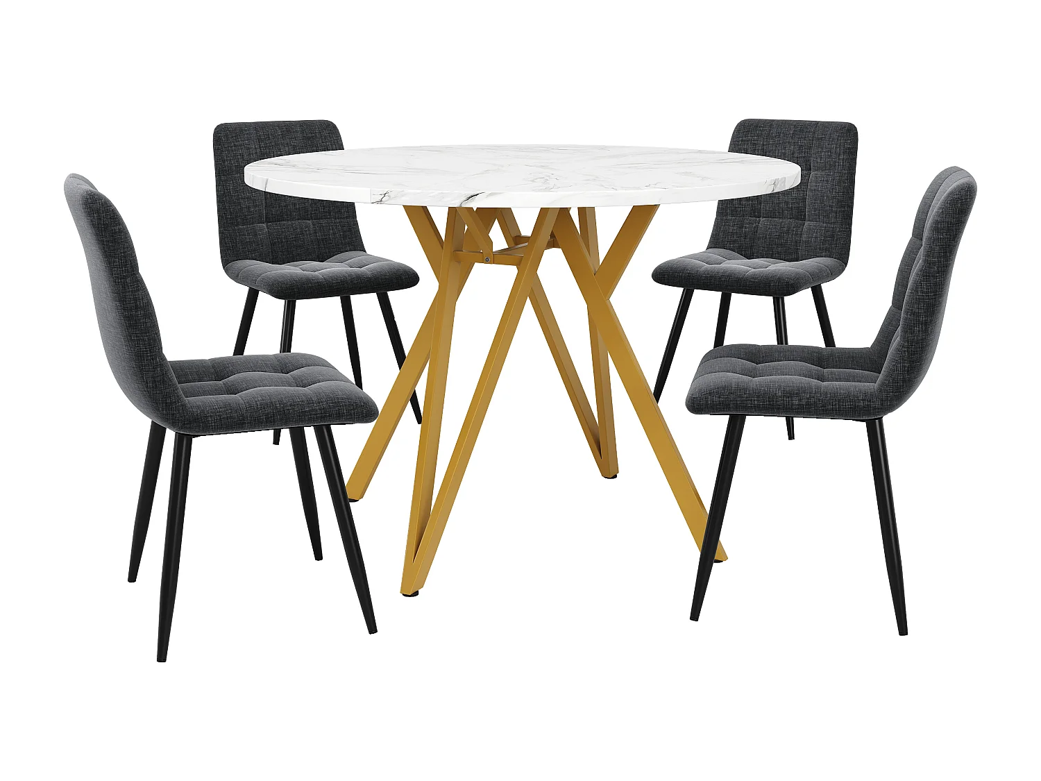 Ensemble de salle à manger rond luxe, 4 chaises velours gris, plateau MDF marbré, pieds métal doré (100x100x76cm)