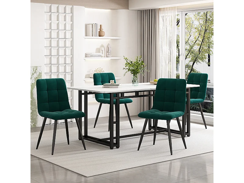 Zwarte eettafel 140x80 cm met 4 stoelen, moderne MDF tafel, donkergroene fluwelen stoelen, metalen poten (140x80x75 cm)