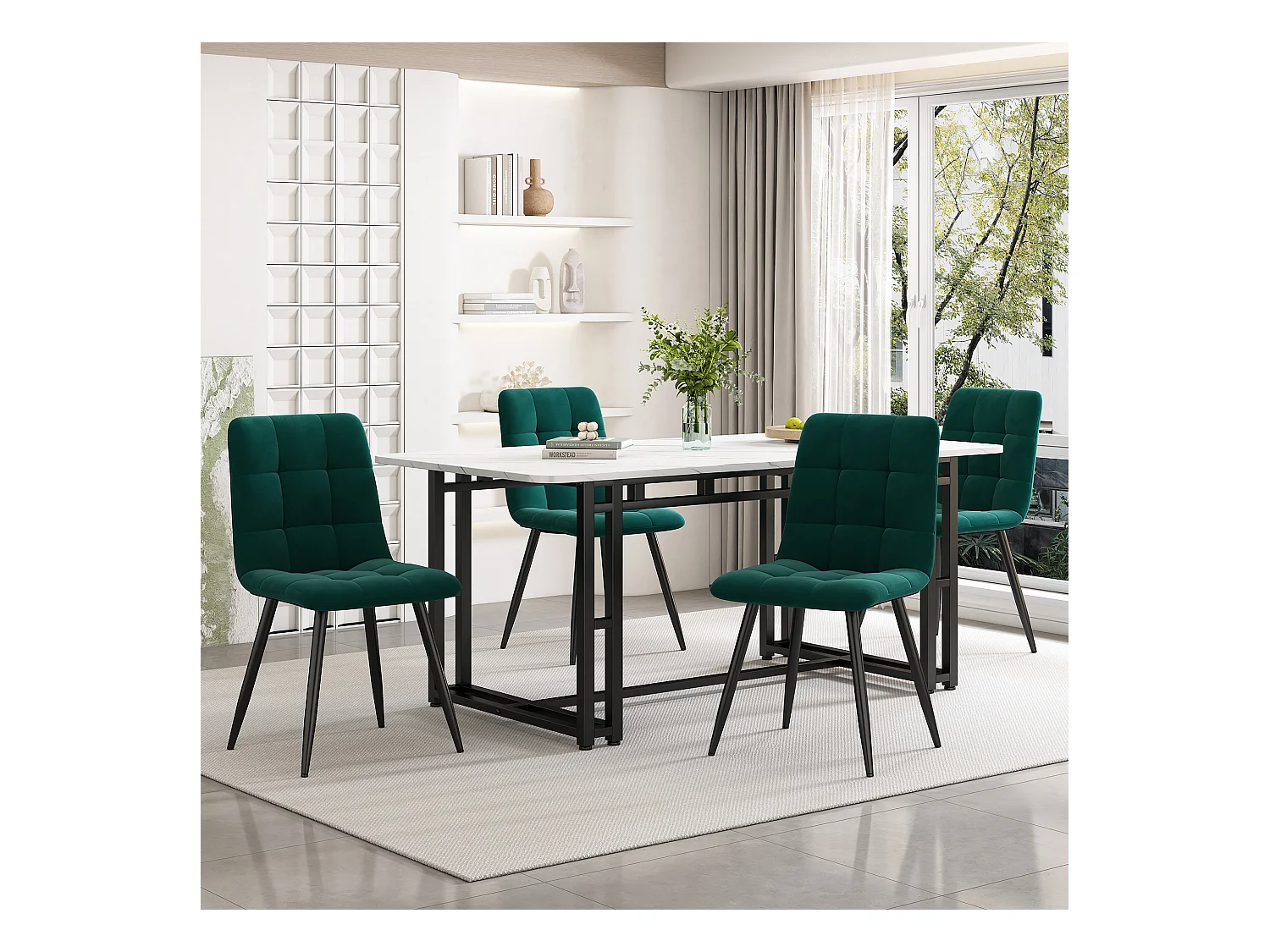 Table à manger noire 140x80 cm avec 4 chaises, table moderne en MDF, chaises en velours vert foncé, pieds en métal (140x80x75 cm)