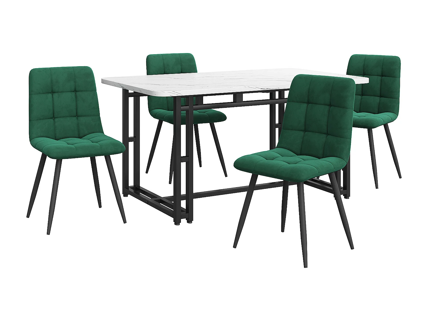 Table à manger noire 140x80 cm avec 4 chaises, table moderne en MDF, chaises en velours vert foncé, pieds en métal (140x80x75 cm)