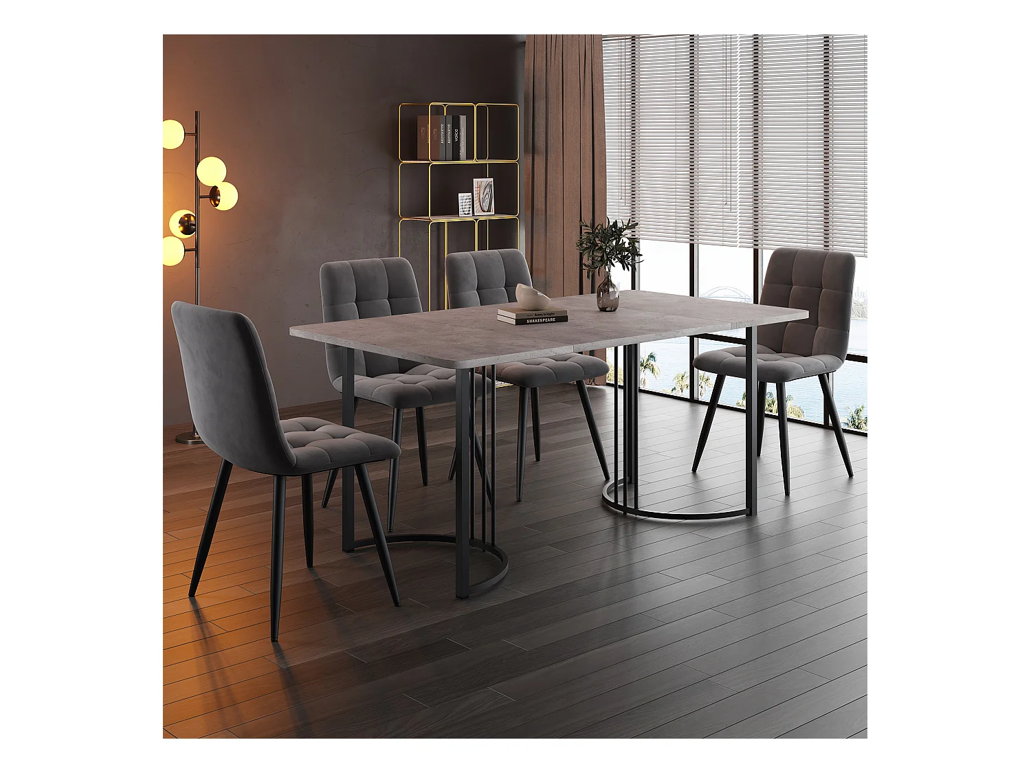 Eetkamerset, tafel 140x80x75 cm met 4 stoelen, zwarte metalen poten, grijs MDF en donkergrijze fluwelen stoelen (140x80x75 cm)