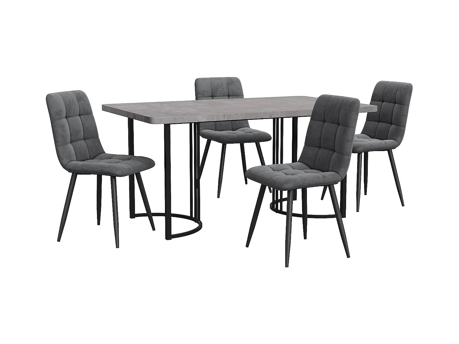 Eetkamerset, tafel 140x80x75 cm met 4 stoelen, zwarte metalen poten, grijs MDF en donkergrijze fluwelen stoelen (140x80x75 cm)