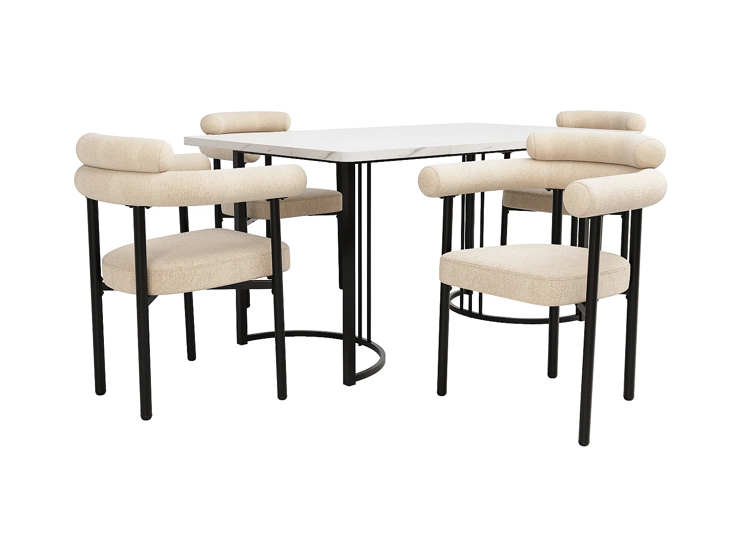 Ensemble table à manger 5 pièces, avec pieds métalliques, 4 chaises en velours beige, design moderne, (140x80x75 cm)