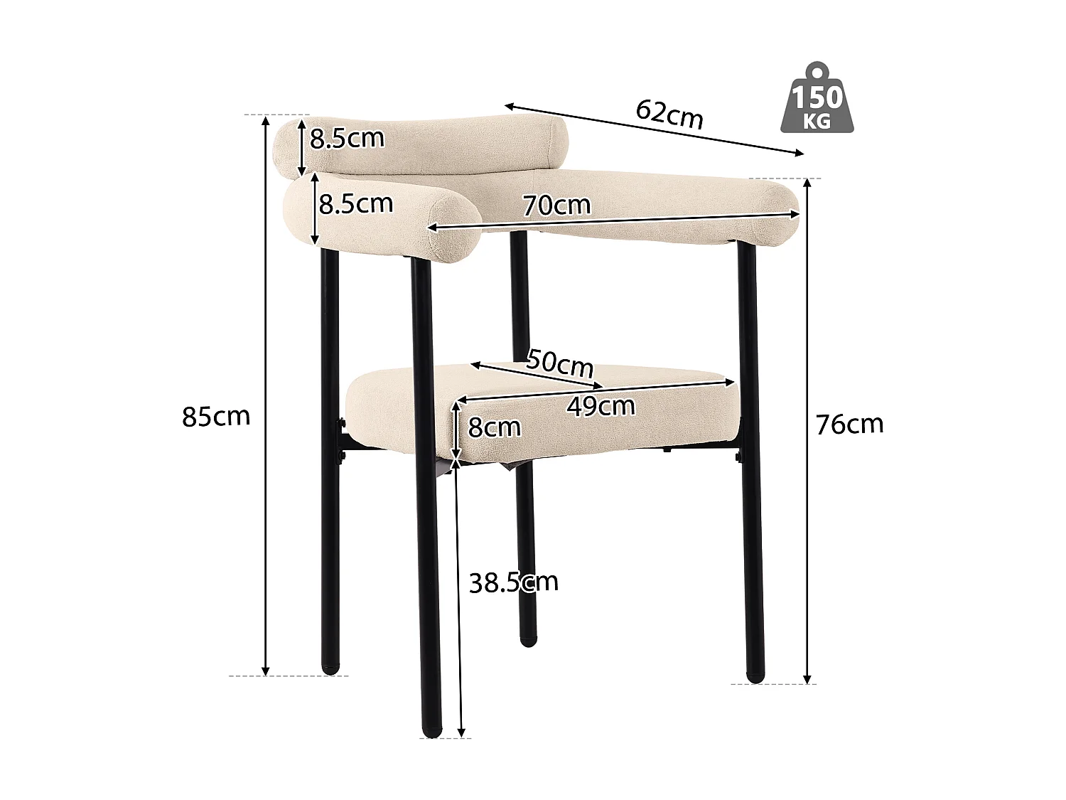 Set da pranzo composto da 5 pezzi, con gambe in metallo, 4 sedie in velluto beige, design moderno, (140x80x75 cm)