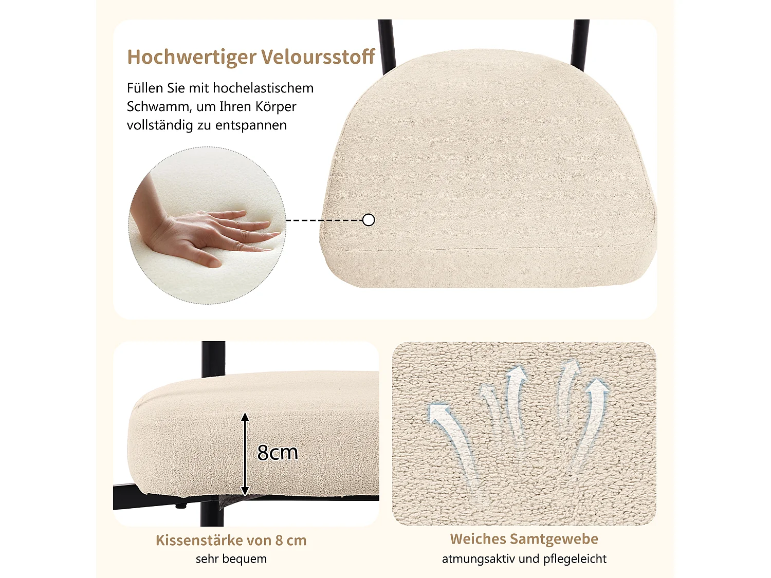 Set da pranzo composto da 5 pezzi, con gambe in metallo, 4 sedie in velluto beige, design moderno, (140x80x75 cm)