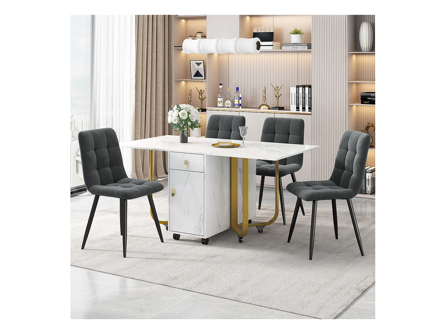 Ensemble salle à manger (5 pièces), Table pliante 150/180x80x75 cm avec 4 chaises en velours noir, Plateau MDF blanc, Pieds métalliques noirs