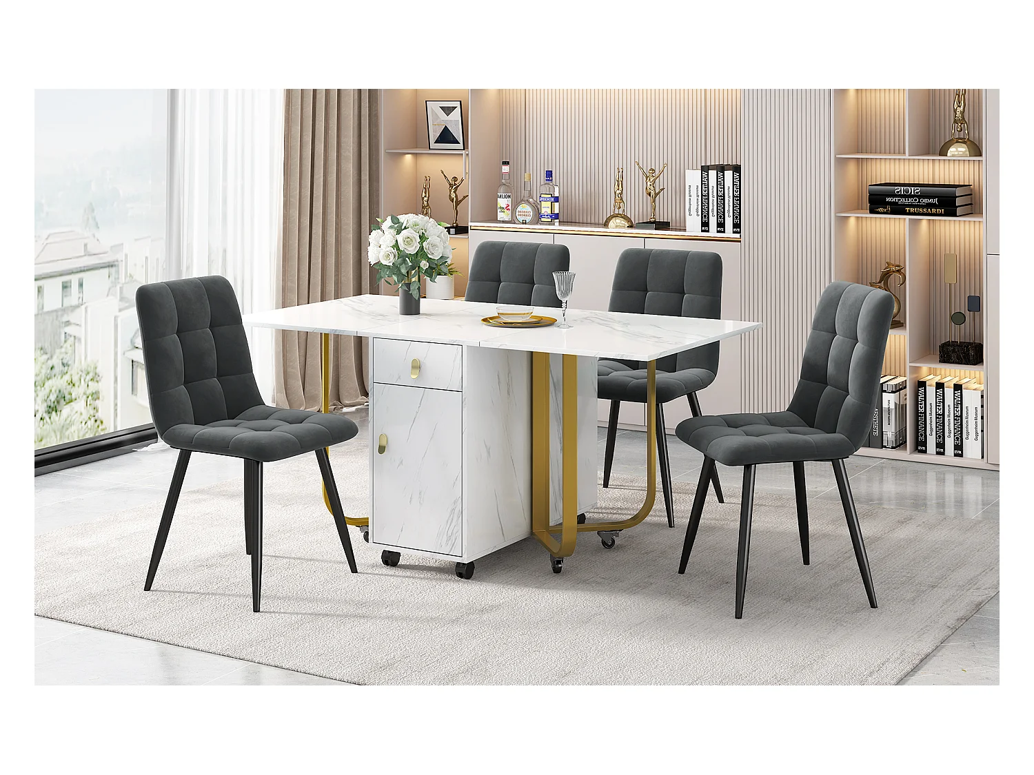 Ensemble salle à manger (5 pièces), Table pliante 150/180x80x75 cm avec 4 chaises en velours noir, Plateau MDF blanc, Pieds métalliques noirs