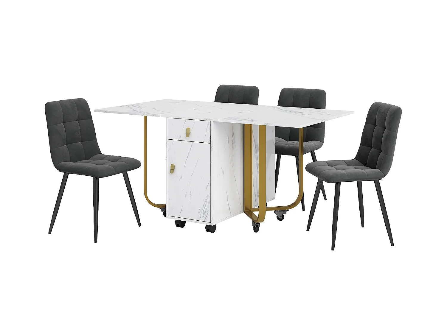 Ensemble salle à manger (5 pièces), Table pliante 150/180x80x75 cm avec 4 chaises en velours noir, Plateau MDF blanc, Pieds métalliques noirs