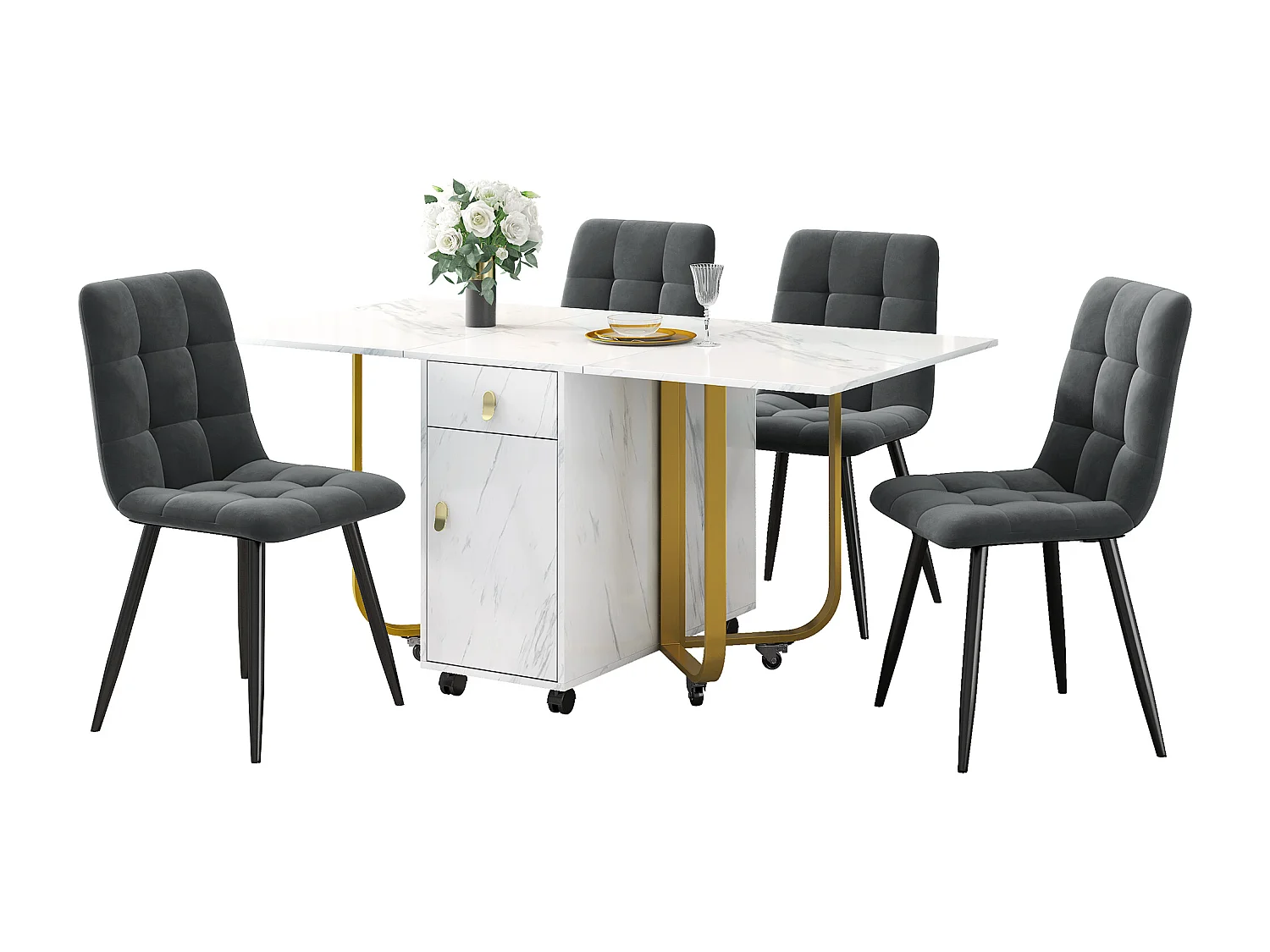 Ensemble salle à manger (5 pièces), Table pliante 150/180x80x75 cm avec 4 chaises en velours noir, Plateau MDF blanc, Pieds métalliques noirs
