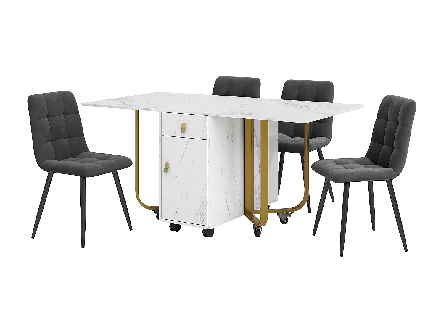 Eetkamerset (5-delig), Klaptafel 150/180x80x75 cm met 4 zwarte fluwelen stoelen, Wit MDF blad, Zwarte metalen poten