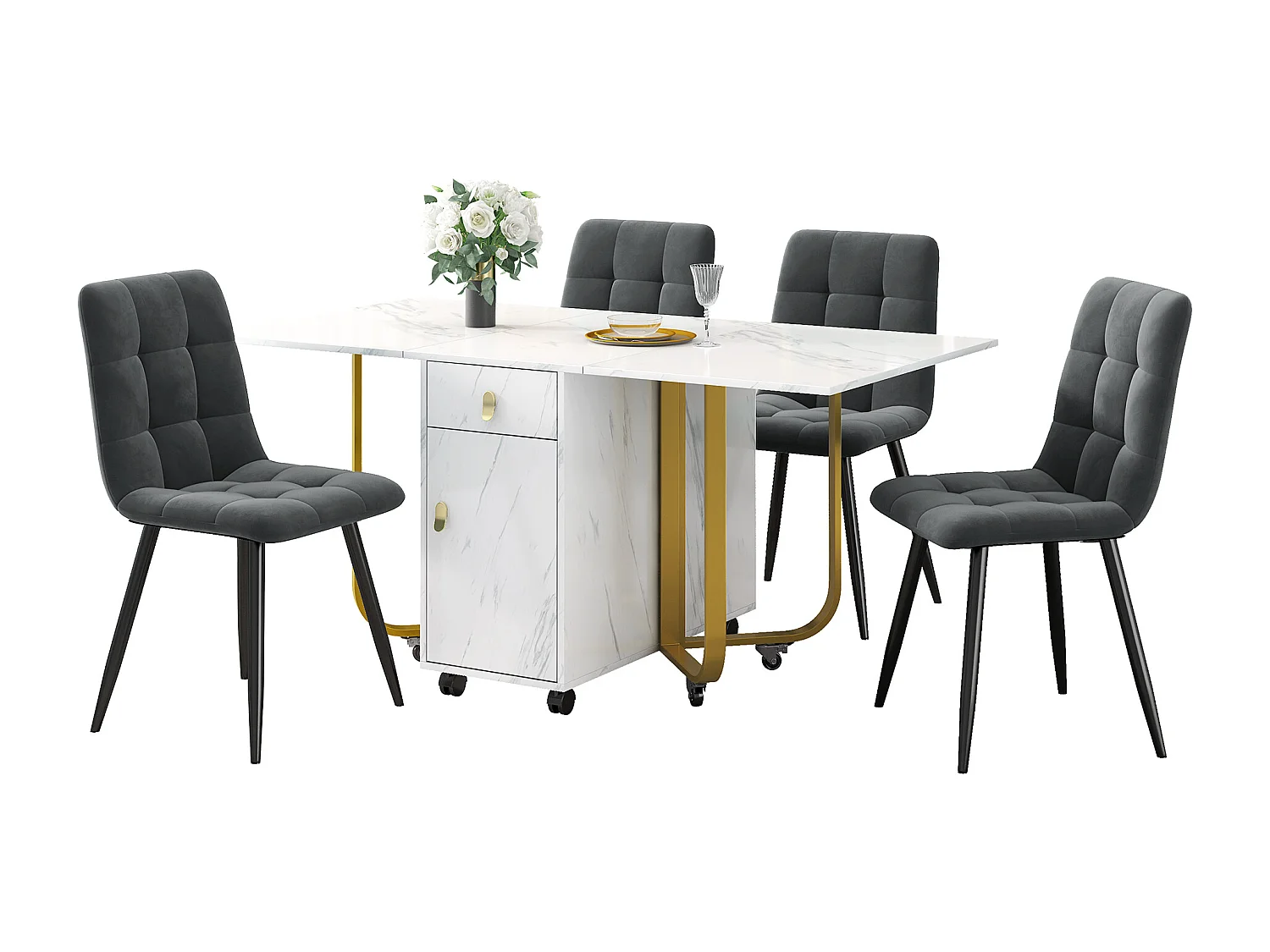 Eetkamerset (5-delig), Klaptafel 150/180x80x75 cm met 4 zwarte fluwelen stoelen, Wit MDF blad, Zwarte metalen poten