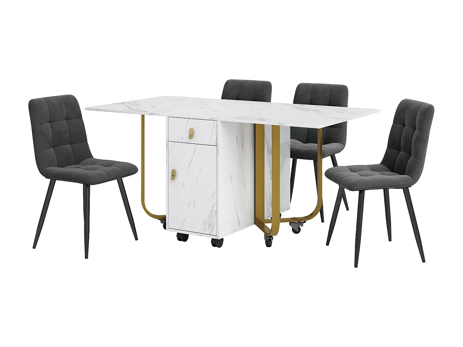 Eetkamerset (5-delig), Klaptafel 150/180x80x75 cm met 4 zwarte fluwelen stoelen, Wit MDF blad, Zwarte metalen poten