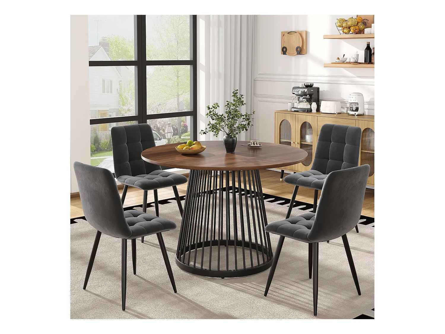 Ensemble Table à Manger Ronde avec 4 Chaises, MDF Effet Bois Noyer, Pieds Métalliques Noirs, Chaises en Velours Gris Foncé (80x80x76 cm)
