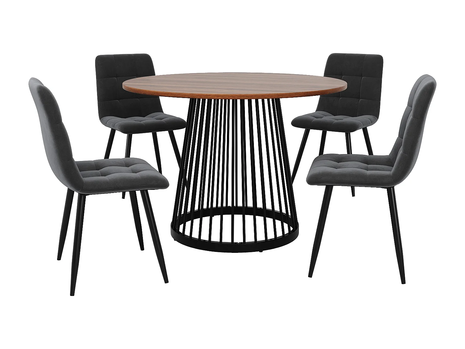 Ronde eettafelset met 4 stoelen, MDF met walnoothouten effect, zwarte metalen poten, donkergrijze fluwelen stoelen (80x80x76 cm)