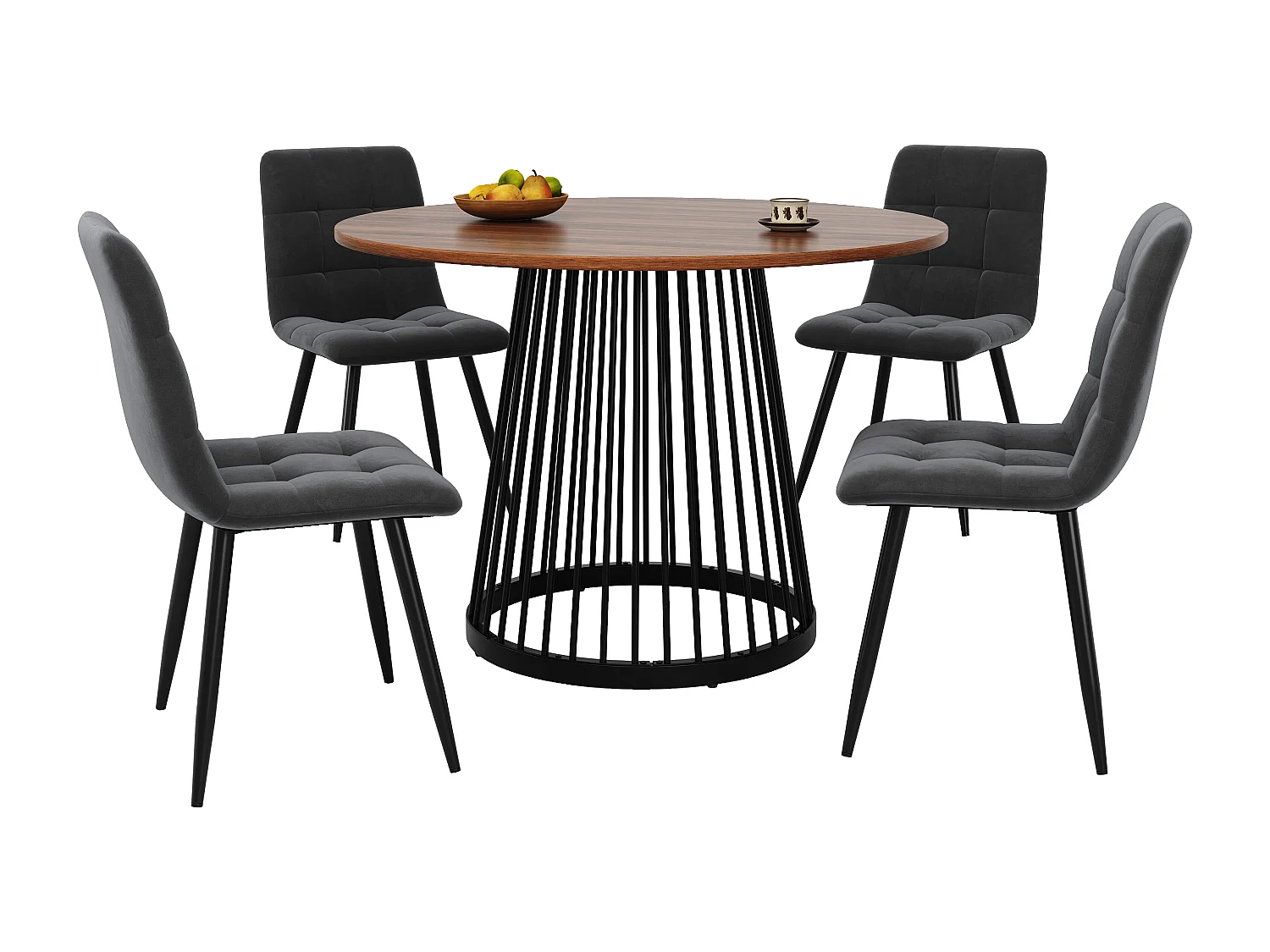 Ronde eettafelset met 4 stoelen, MDF met walnoothouten effect, zwarte metalen poten, donkergrijze fluwelen stoelen (80x80x76 cm)