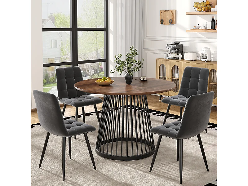 Ronde eettafelset met 4 stoelen, MDF met walnoothouten effect, zwarte metalen poten, donkergrijze fluwelen stoelen (80x80x76 cm)