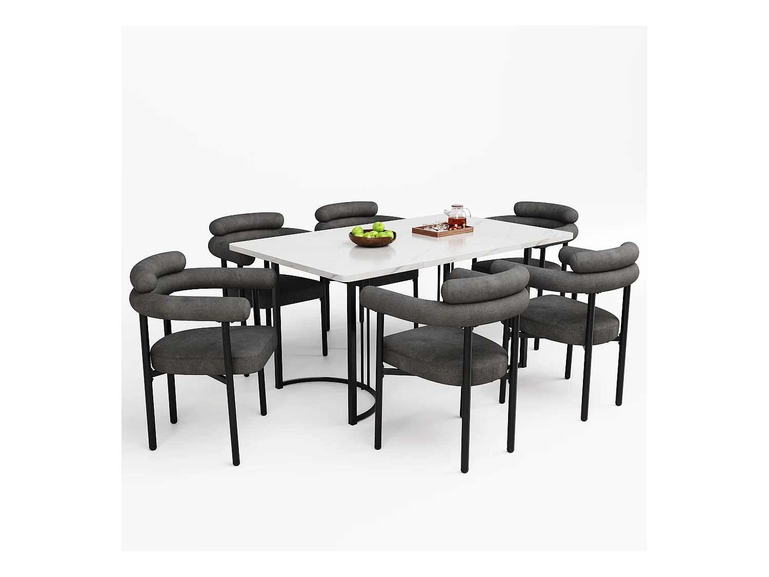 Eettafelset van 7 stuks, telescopisch, gekruiste metalen poten, 6 grijze fluwelen stoelen, moderne MDF-tafel (120-160x80x75 cm)