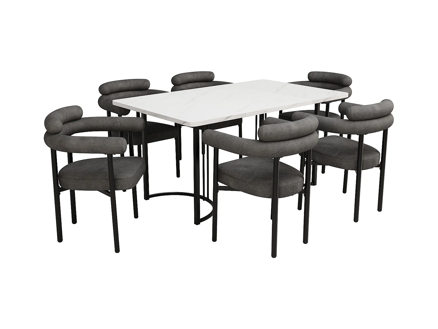 Eettafelset van 7 stuks, telescopisch, gekruiste metalen poten, 6 grijze fluwelen stoelen, moderne MDF-tafel (120-160x80x75 cm)