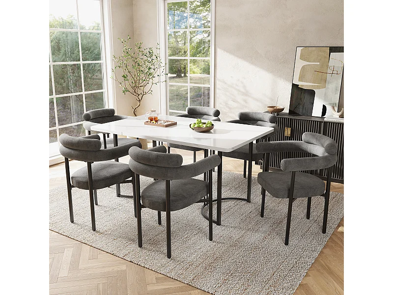 Ensemble table à manger 7 pièces, télescopique, pieds métalliques croisés, 6 chaises velours gris, table MDF moderne (120-160x80x75 cm)