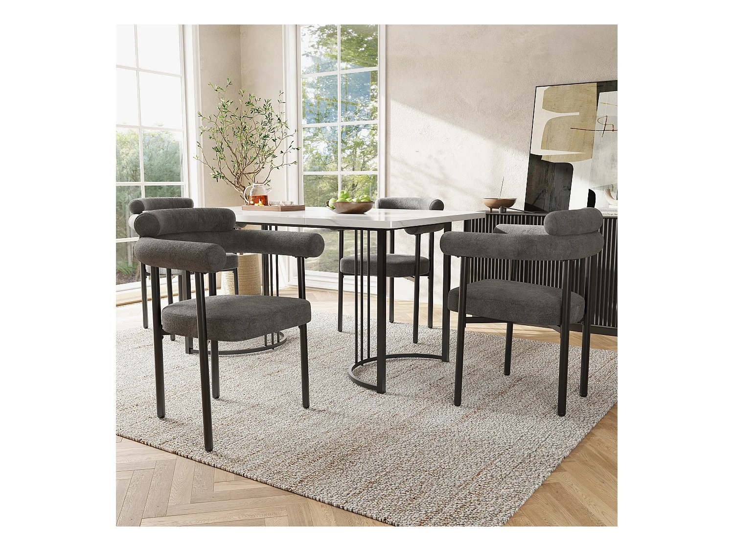Ensemble Table et Chaises (5 pièces), Design Métallique avec 4 Chaises en Velours Gris, MDF, Noir et Gris (140x80x75 cm)