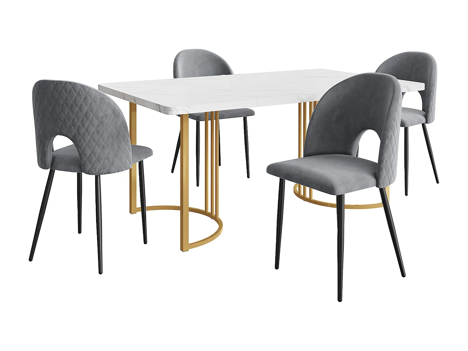 Ensemble salle à manger 5 pièces, table 140x80x75 cm avec 4 chaises en velours gris, pieds métalliques noirs, MDF table blanche