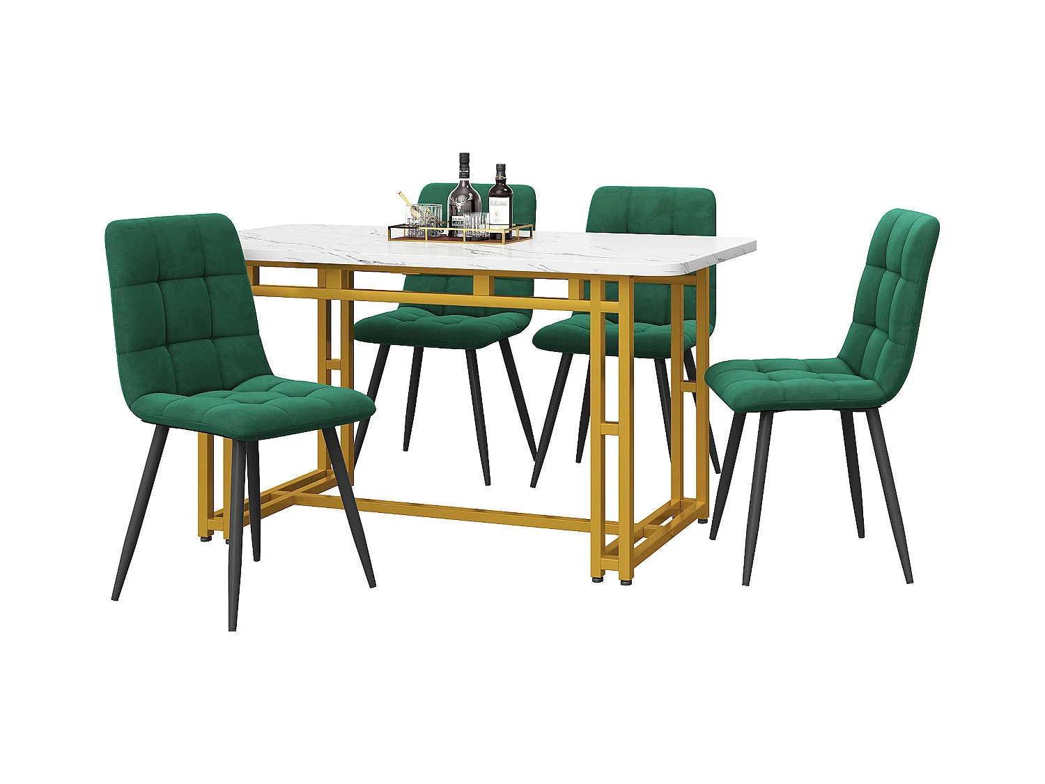 Eettafelset 120x70 cm met 4 stoelen, MDF tafel met gouden metalen poten, donkergroene fluwelen stoelen (120x70x76 cm)