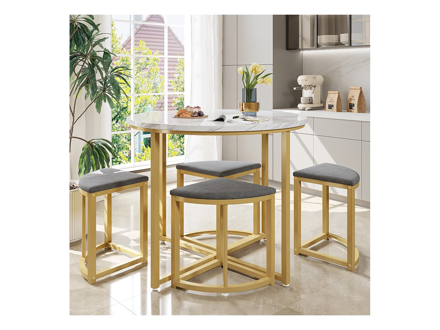 Lot de salle à manger (4 chaises), table MDF avec pieds en métal doré, chaises en velours beige (80x80x75 cm)