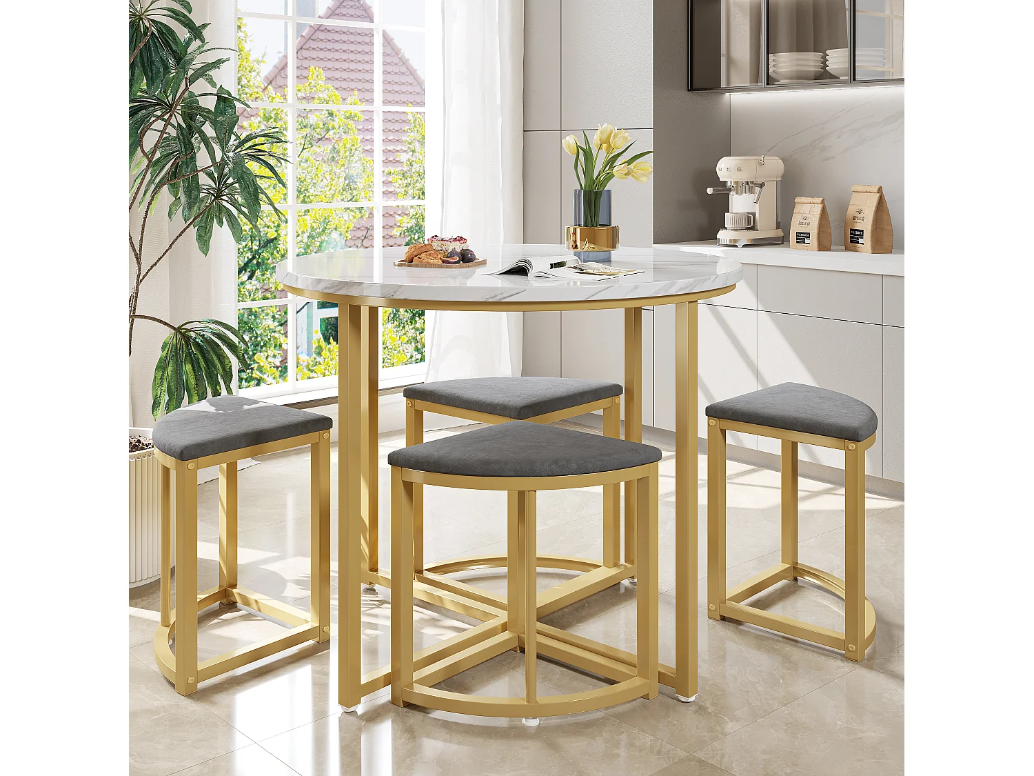 Conjunto de comedor (4 sillas), mesa de MDF con patas de metal dorado, sillas de terciopelo beige (80x80x75 cm)