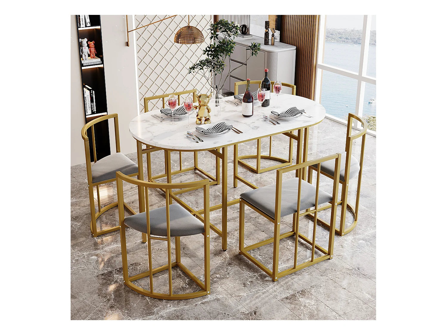 Eettafelset met 6 stoelen, witte tafel met rugleuning, stoelen en grijs kussen, goudkleurig metalen frame, MDF (140x80x76 cm)