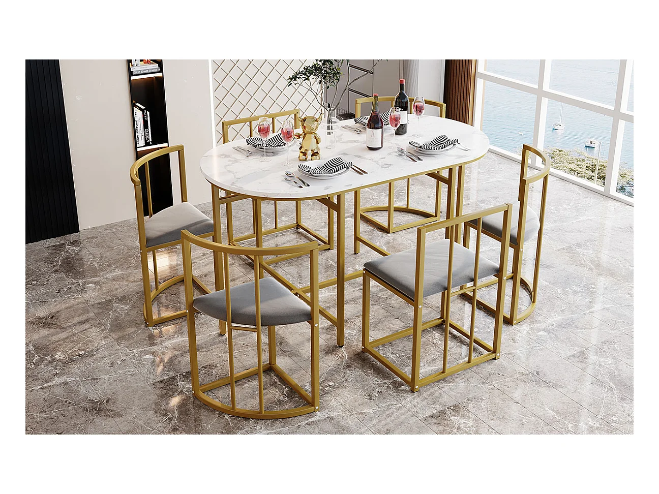 Eettafelset met 6 stoelen, witte tafel met rugleuning, stoelen en grijs kussen, goudkleurig metalen frame, MDF (140x80x76 cm)