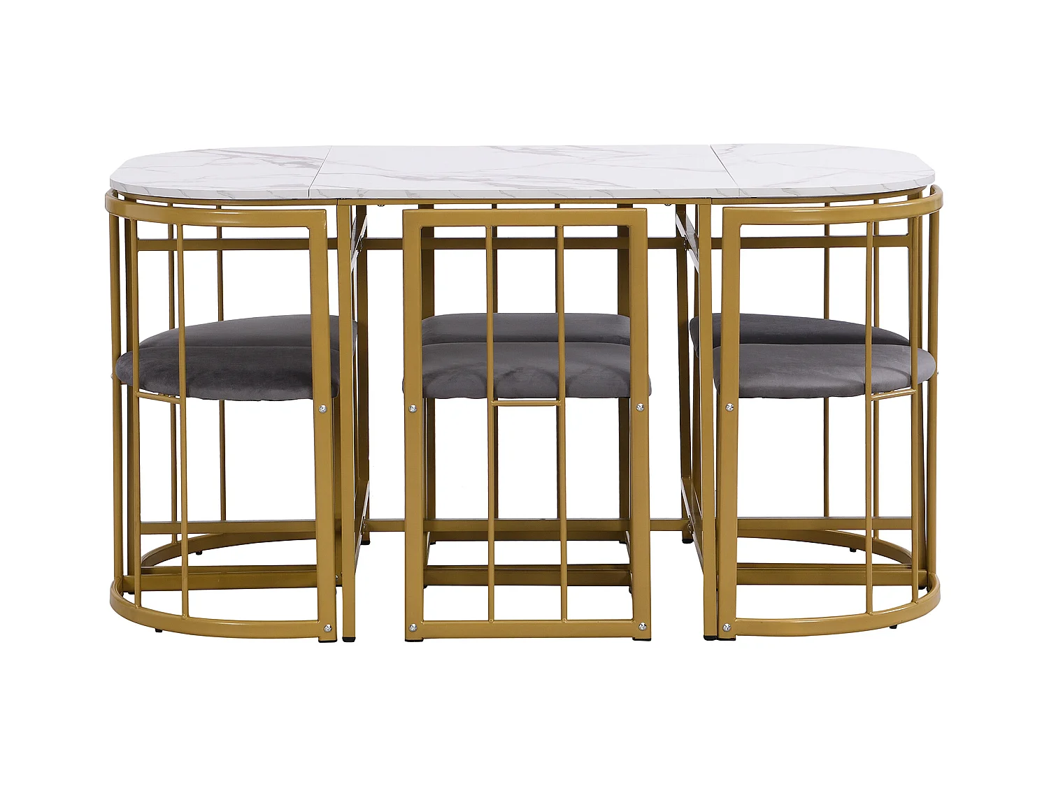 Eettafelset met 6 stoelen, witte tafel met rugleuning, stoelen en grijs kussen, goudkleurig metalen frame, MDF (140x80x76 cm)